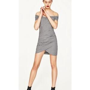 ZARA Womens Black Ecru Gingham Check Plaid Off Shoulder Wrap Cotton Dress XS NEW